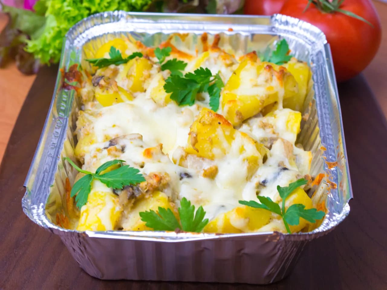 Sycąca zapiekanka z kurczakiem, ziemniakami i pieczarkami na obiad